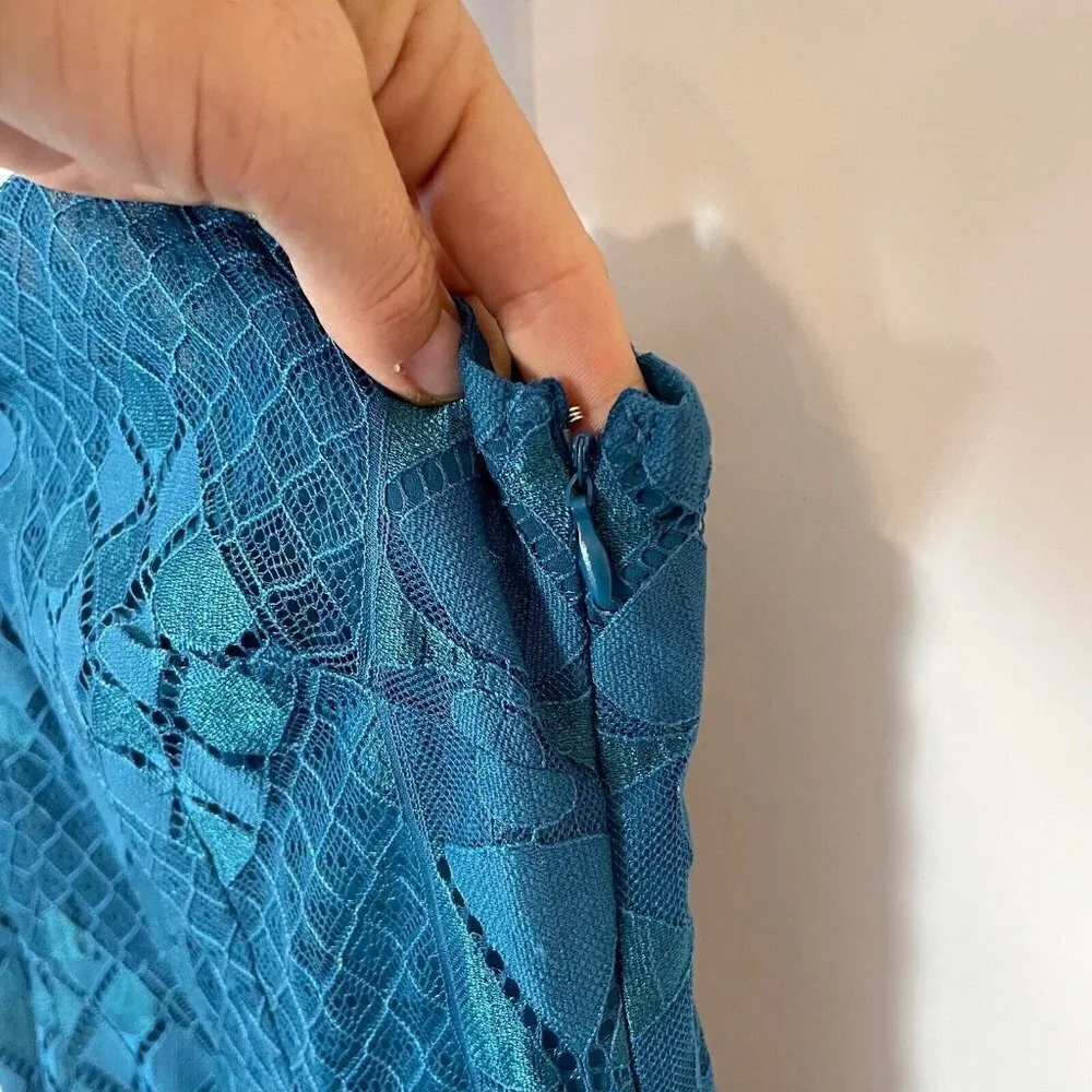 Foxiedox Womens Lace Ruffle Sleeveless Cocktail Dress Teal Blue S High Low‎ NWT
